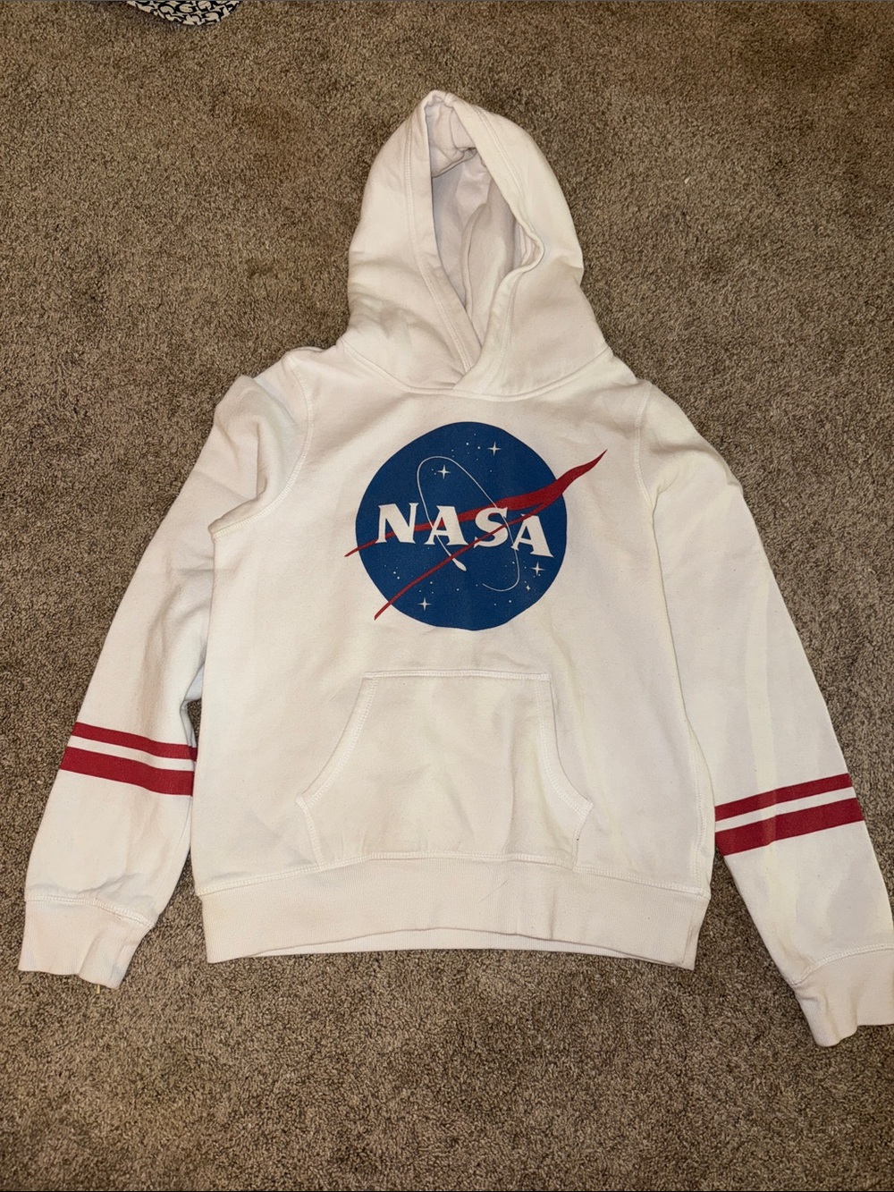H&M White NASA Logo Crewneck Hoodie with Red Sleeve Stripes